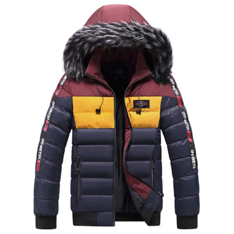 2020 Hooded Wadded Coat Fur Hood Warm Parka Thick clothes Men Jacket Outwear Slim men's Windproof color matching padded jacket