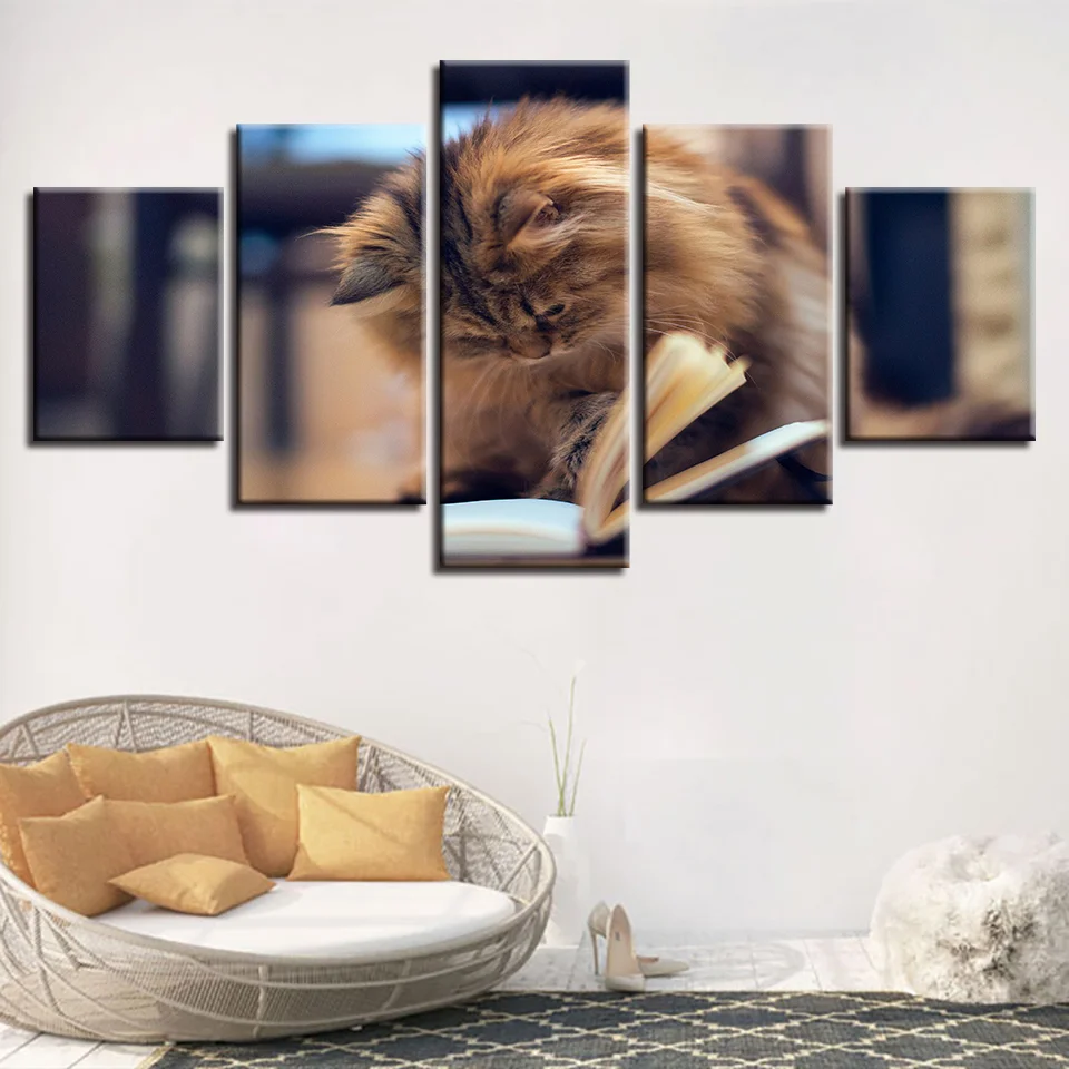 

5 Pieces Animal Cats Are Reading Book Framework Modular Wall Art Canvas Painting Picture Poster Decor Living Room Scenery Prints