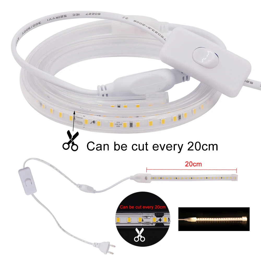 Imagem -05 - Conduziu a Iluminação da Luz de Tira 20cm Cortou 2835 220v 230v Flexível Led Fita de Ligar Desligar Interruptor ue uk Power Plug 1m 10m 20m 50m 100m 120led m