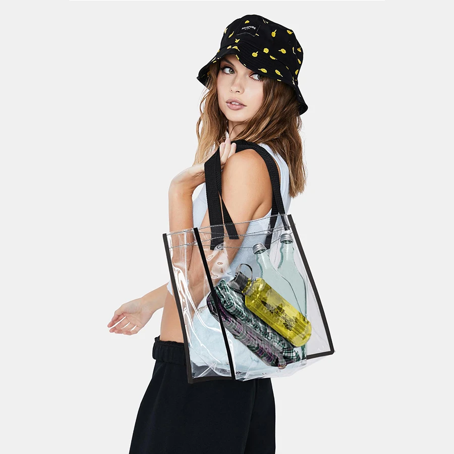 Stadium Approved Clear Bag Transparent Vinyl PVC Tote Bag Long Shoulder Utility Handbag for Work,School,Outdoor,Beach,Shopping