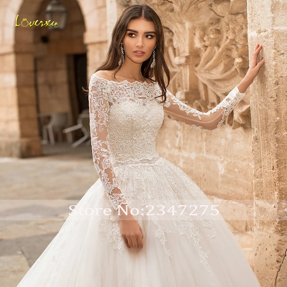 Loverxu Vestido De Novia Long Sleeve Lace Princess Wedding Dresses 2024 Sexy Boat Neck Appliques Chapel Train A-Line Bridal Gown