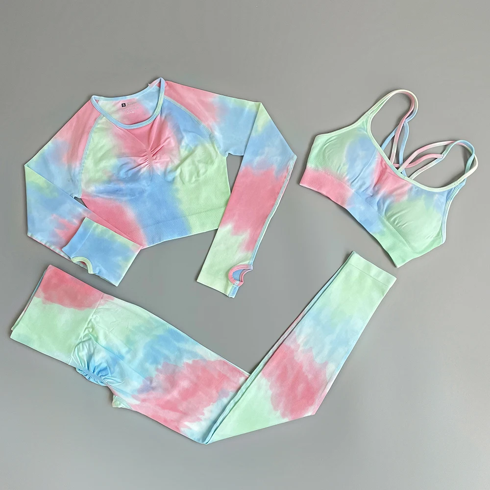 Tie Dyeing Women\'s Sportswear Yoga Set Workout Clothes Wear  Sports Gym Clothing Fitness Legging Bra Crop Long Sleeve Gym Set