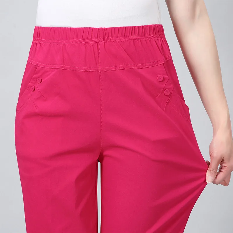 Pantalones rectos de cintura elástica delgada para mujer, pantalones blancos hasta el tobillo para madre de mediana edad, primavera