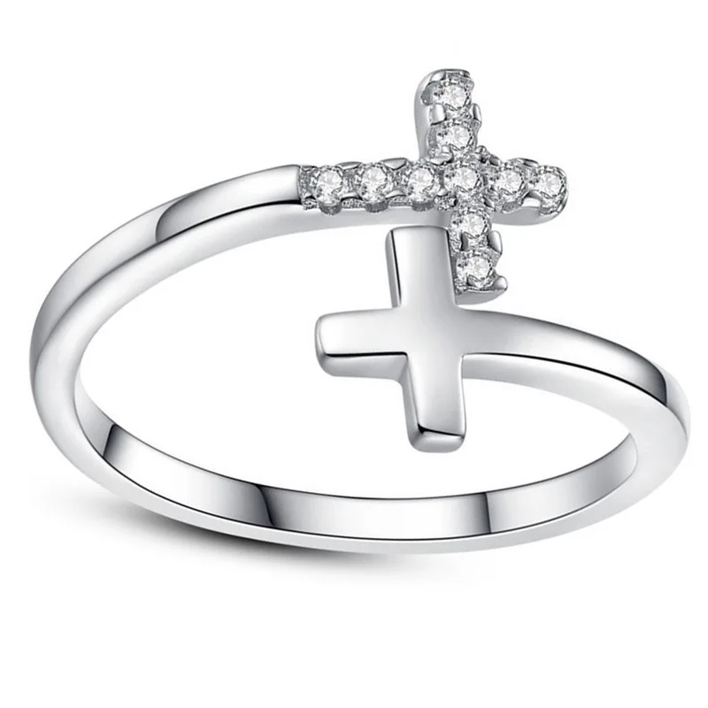 

UFOORO 925 Sterling Silver Classic Cross Rings Crystal Engagemen Jewelryt For Women Girls Party Valentine's Bague Bijoux Gifts