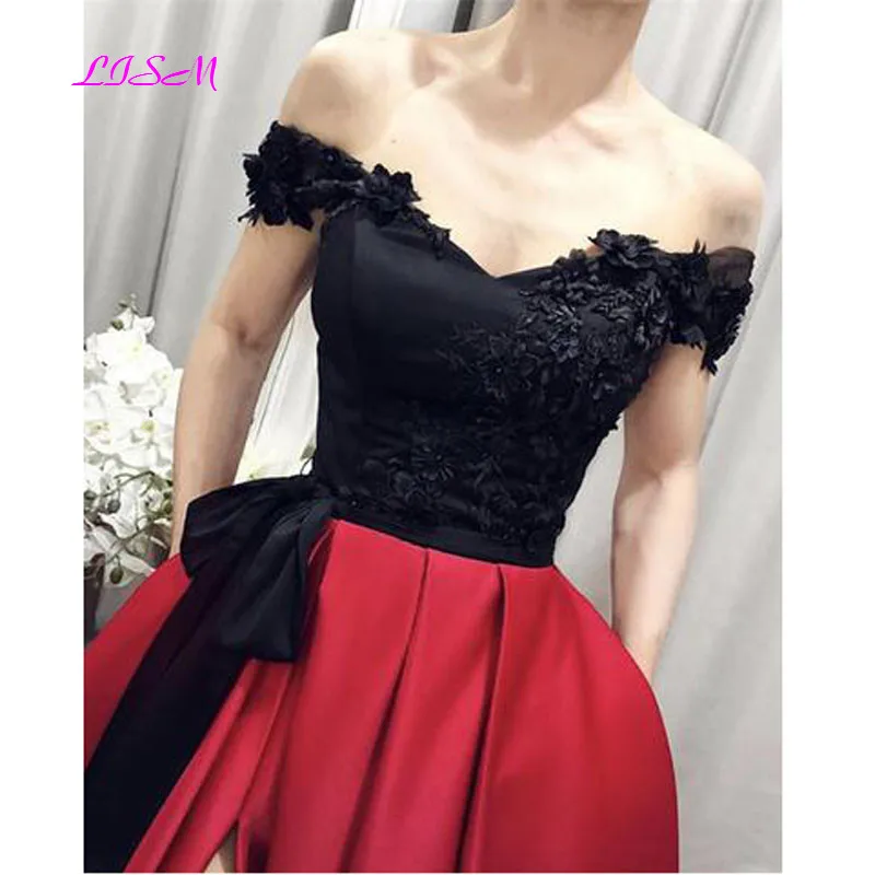 Black Top Evening Dress Off The Shoulder Satin Split Prom Party Gowns vestido de fiesta de boda