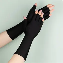 1Pair Sunscreen Protection Fingerless Long Gloves Women Arm Cool Summer Solid Mittens Half Finger Sleeves Black White Nude