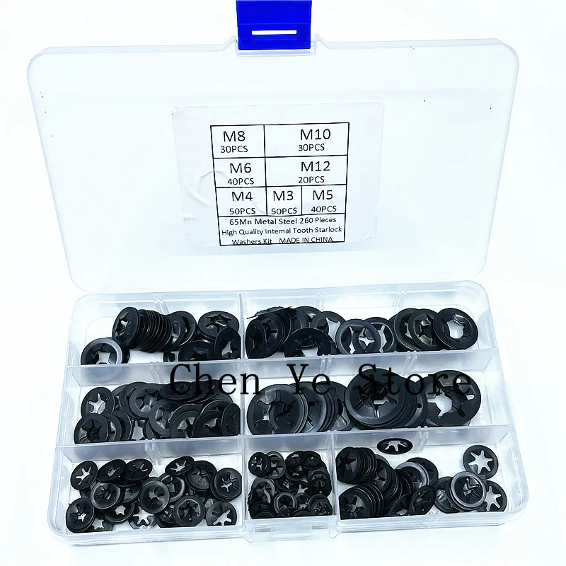 260PCS M3-M12 Set Mangan Stahl Push Auf Washer Halte Sperren Interne Zahn Sterne scheiben Set Befestigungen Sortiment Kit