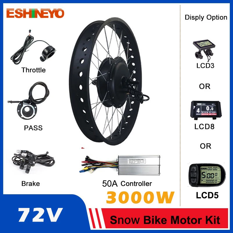 72V 3000W Powerful Electric Fat Bike Wheel Kit Snow Bicycle Rear Freewheel Cassette Hub Motor 20'' 26 inch Ebike  Conversion Kit