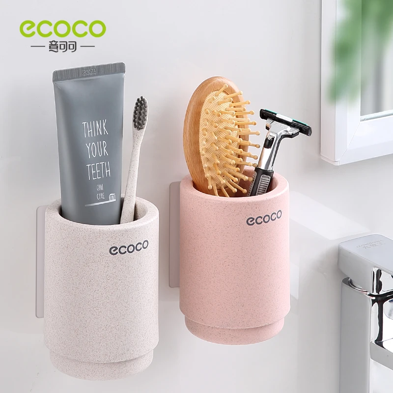 ECOCO Wall Mount Toothbrush Wash Cup Holder Magnet Toothbrush Holder Wheat Straw Healthy for Home Bathroom Accessories