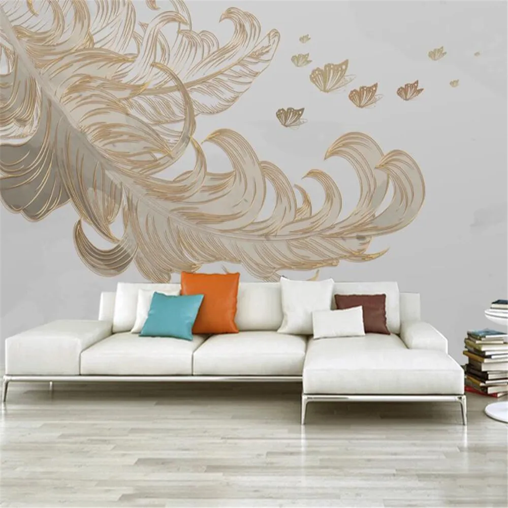 

milofi custom wallpaper photo background wall European simple fashion feather butterfly golden embossed line background wall