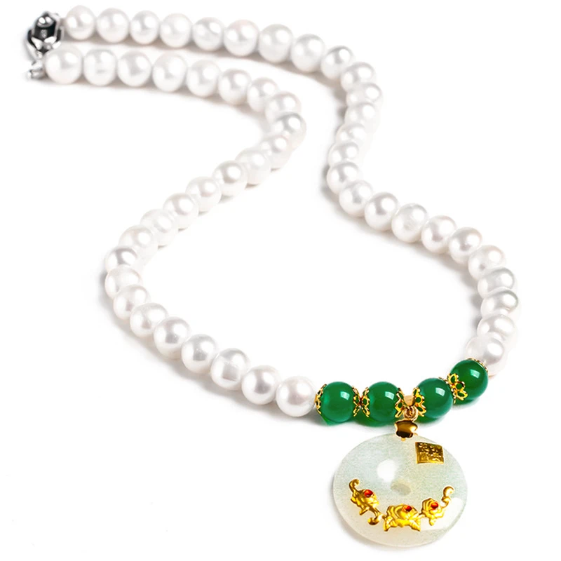 HABITOO Luxury 999 Gold Flower Inlay White Jade Peace Buckle Pendant 7-8mm White Freshwater Pearl Necklace for Women Jewelry