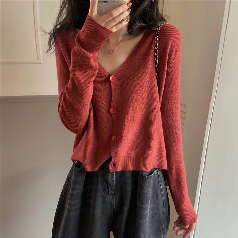 Women Long Sleeve Sunscreen Cardigan Knitted V-Neck Sweater Korean Style Solid Color Cardigans Jacket Tops All Season