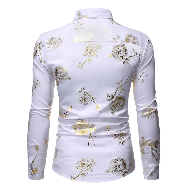 Luxury Gold Foil Print Shirt Men 2023 Autumn New White Rose Floral Shirt Mens Casual Dress Shirts Nightlcub Prom Shirt Camisas