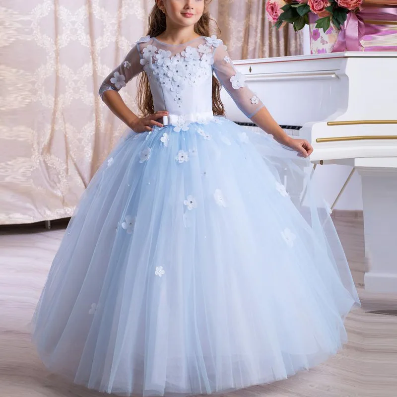 2024 Vintage Flower Girl Dresses Children Baptism Clothes With 3/4 Long Sleeves Ball Gowns Birthday Party Dress Pageant Dresses