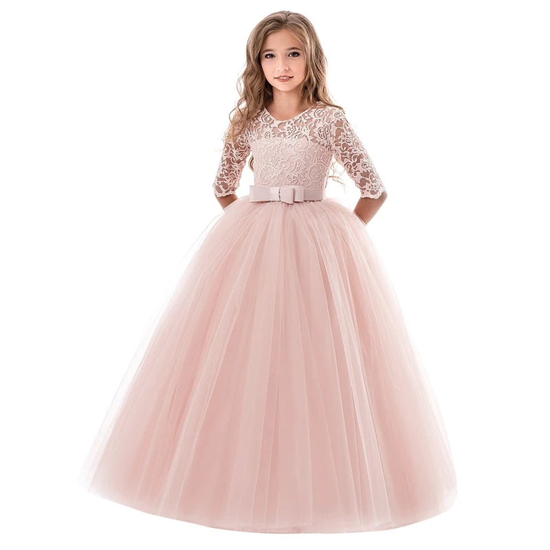 Girls Flower Vintage Floral Lace 3/4 Sleeves Floor Length Dress Wedding Party Evening Formal Dance Gown