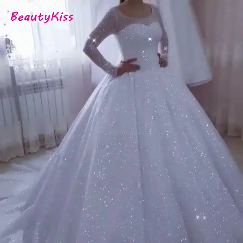 Vestido De Noiva Glittery Trouwjurken Baljurk Lange Mouwen Plus Size Prinses Bridal Party Dress Robe De Mariee