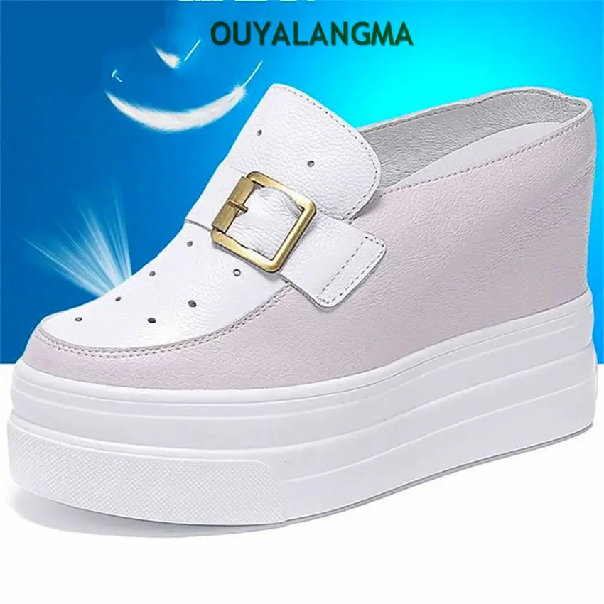 

Increasing Height High Heels Women's Cow Leather Round Toe Platform Wedge Mules Fashion Sneaker Slipper Party Pumps Summer Boots