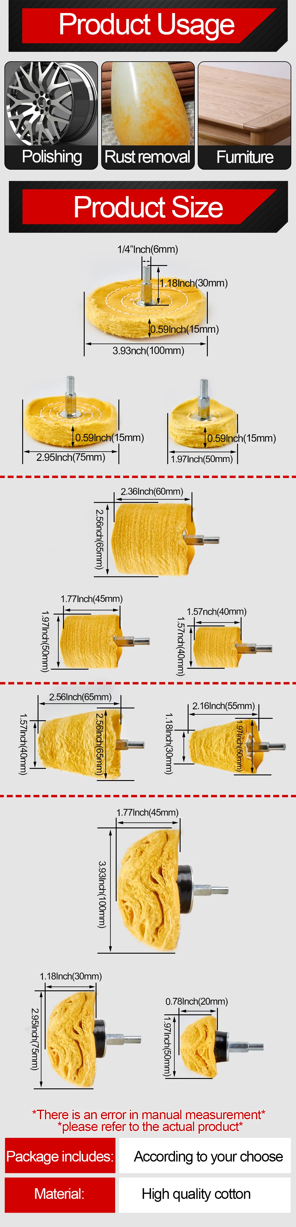1pc 2''/3''/4'' Baumwolle Polieren Polieren Rad Weiß Flanell Kegel/Säule/pilz/T-Förmigen Schleifen Kopf Für Bohrer – Detail 2