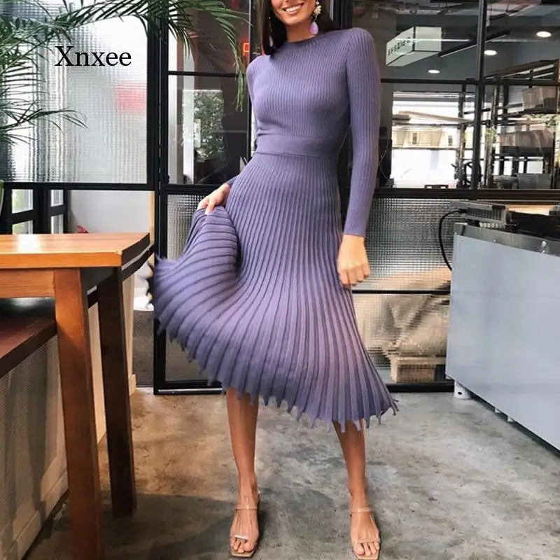 

Women Knitted Vintage Long Dress A Line Autumn Winter Basic Full Sleeve Ladies Slim Elegant Party Female Sweater Dresses Outfits
