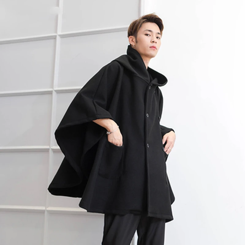 M-4XL double-breasted garden hooded cloak fashion casual loose woolen coat autumn and winter bat shirt tide male personality coa