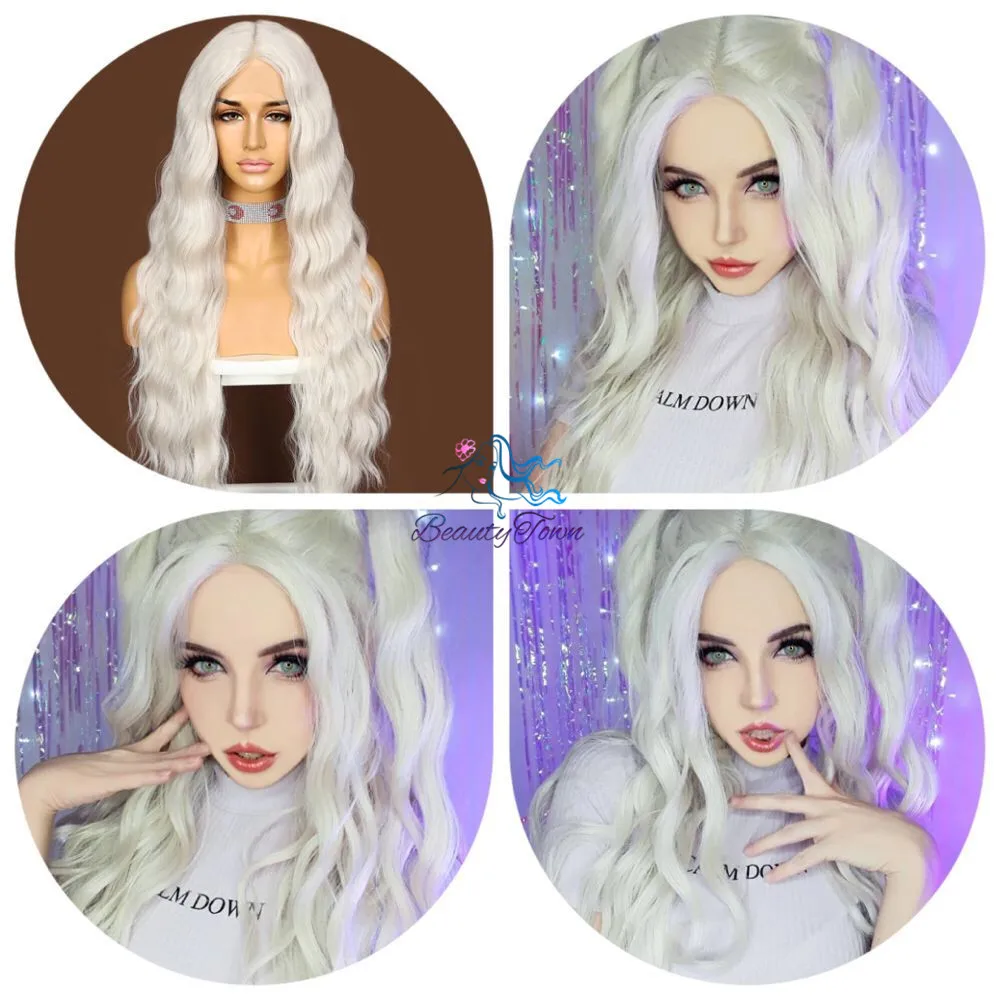 Synthetic Long Water Wave Ash White Lace Wig for Women Daily Makeup Girls Cosplay Party Wedding Deep T Middle Part Lace Wig