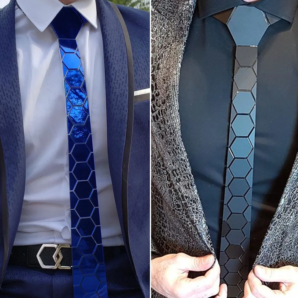 Gravata de Seda Hexagonal Brilhante Masculina, Espelho Acrílico, Azul Fino, Gravata Vermelha Bling Xadrez, Festa de Casamento, Presente Empresarial, 7 cores