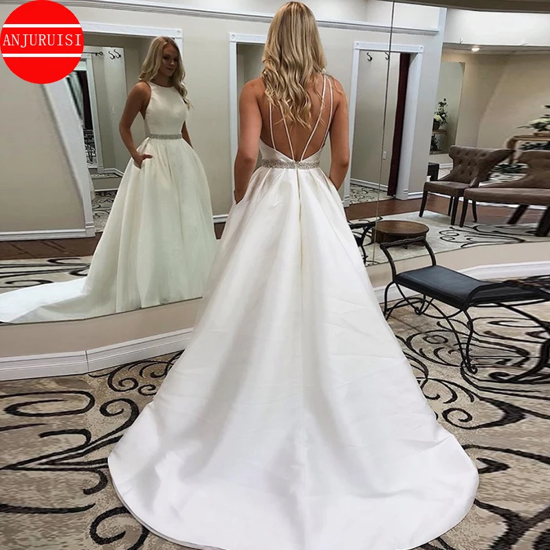 

Sexy Wedding Dresses A Line Custom Made White Ivory Satin Vestido De Novia Crystal Sash Simple Bridal Gowns With Pockets 2022