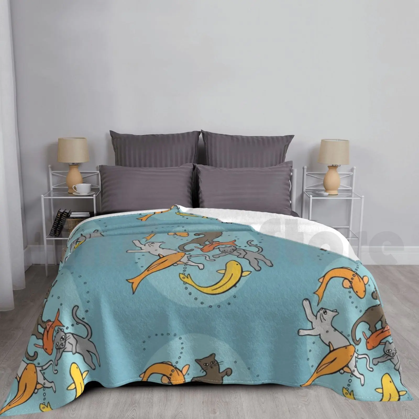 Kittens Swimming In Koi Pond With Fishes Blanket Fashion Custom Kitten Kittens Cat Cats Swim Swimming Fish Fishes