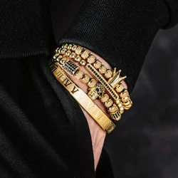 Hot 4pcs/set Classical Handmade Braiding Bracelet Hip Hop Men Pave CZ Zircon Skull Roman Numeral Bracelet Luxury Jewelry