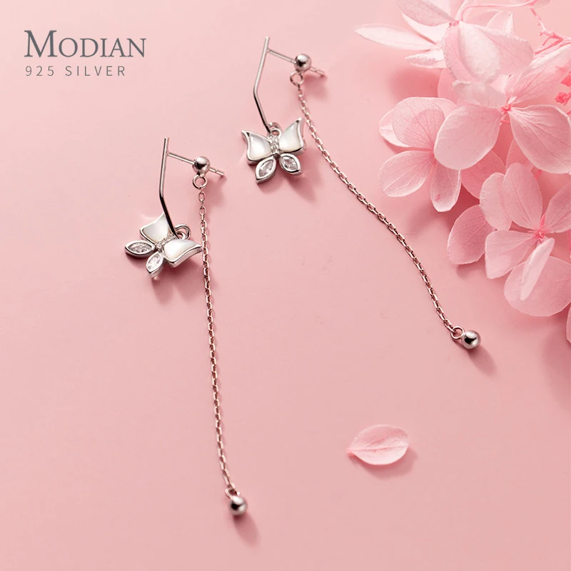 Modian-925 Sterling Prata Borla Brincos para Mulheres, Clear CZ, Dança Beads Borboleta, Jóias Finas, Requintado Bola, Novo