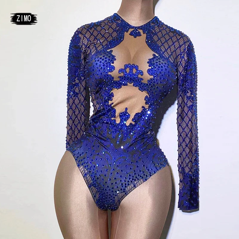 

Sexy Blue Print Rhinestone Dancer Bodysuit Women Long Sleeve Elastic Crystal Jumpsuit Leotard Showgirl Leotard bar Stage Costume