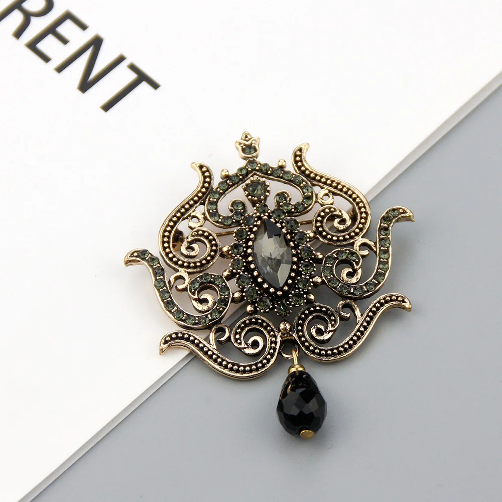 Sunspicems Retro Gold Color Women Flower Brooch Vintage Gray Crystal Bohemia Banquet Jewelry Arab Caftan Robe Brooches Pins Gift