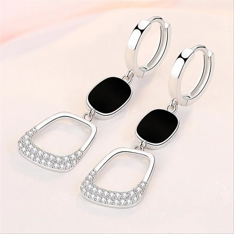 Trendy 925 Sterling Silver Earrings Women Long Accessories On Ear Personality Zircon Black Square Drop Earrings Female Bijou Hot