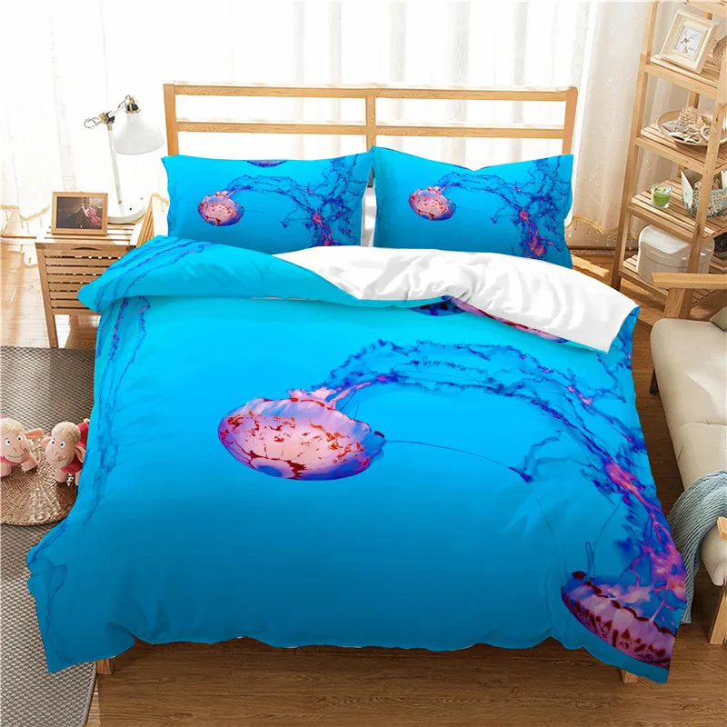 

Blue ocean bedding set twin size 3D jellyfish printed with duvet cover set with pillowcase bedclothes full bed set home textile