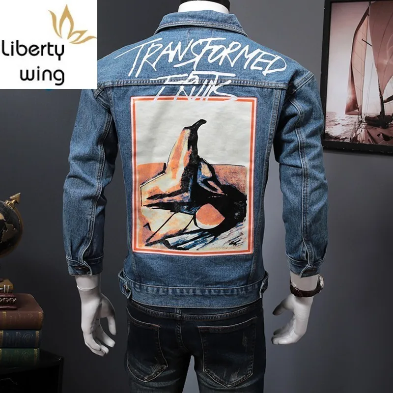 

Fashion Printed Mens Spring Personality Washed Denim Jackets Moto Biker Long Sleeve Single Breasted Slim Male Coats Plus Size