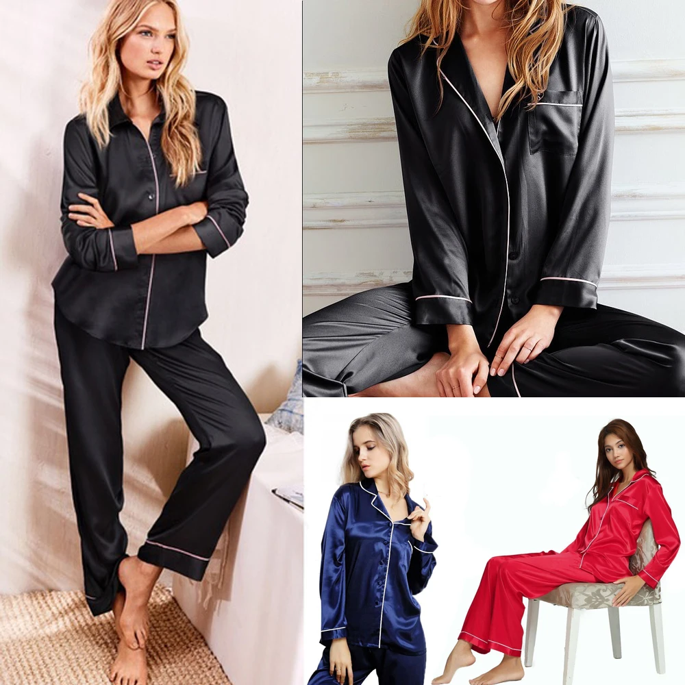 New Elegant Fashion Casual Women Lady Satin Pajamas Set Pyjama Sleepwear Nightwear Loungewear Homewear