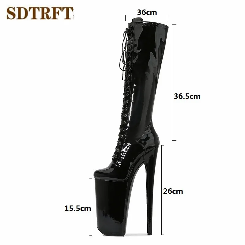 SDTRFT 26CM Super Thin Heel Nightclub Knee-High Long Boots Women Lace-up Zip Design Round Toe Pumps  Waterproof Platform Shoes