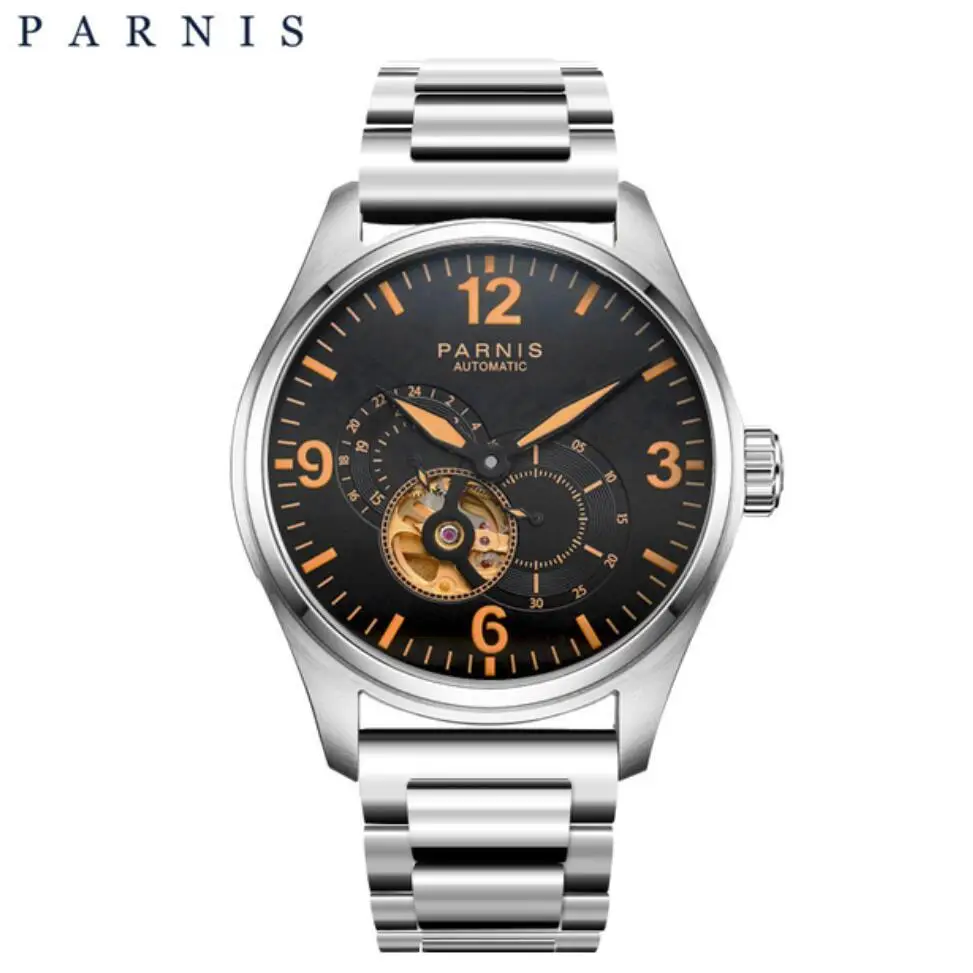 

Parnis 44mm Mens Watches Automatic Watch Orange Luminous Markers Black Dial Gold 21 Jewel Desinger Mechanical Movement Watch