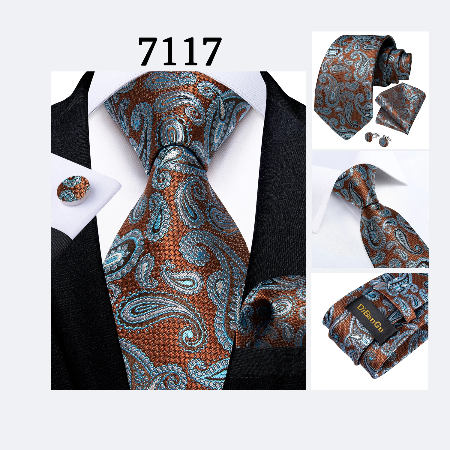 Neues modisches kariertes Herren-Krawatten-Set, hochwertige 8 cm breite Krawatte, Einstecktuch, Manschettenknöpfe, Business-Hochzeitskrawatte, Geschenk für Männer – Detail 14