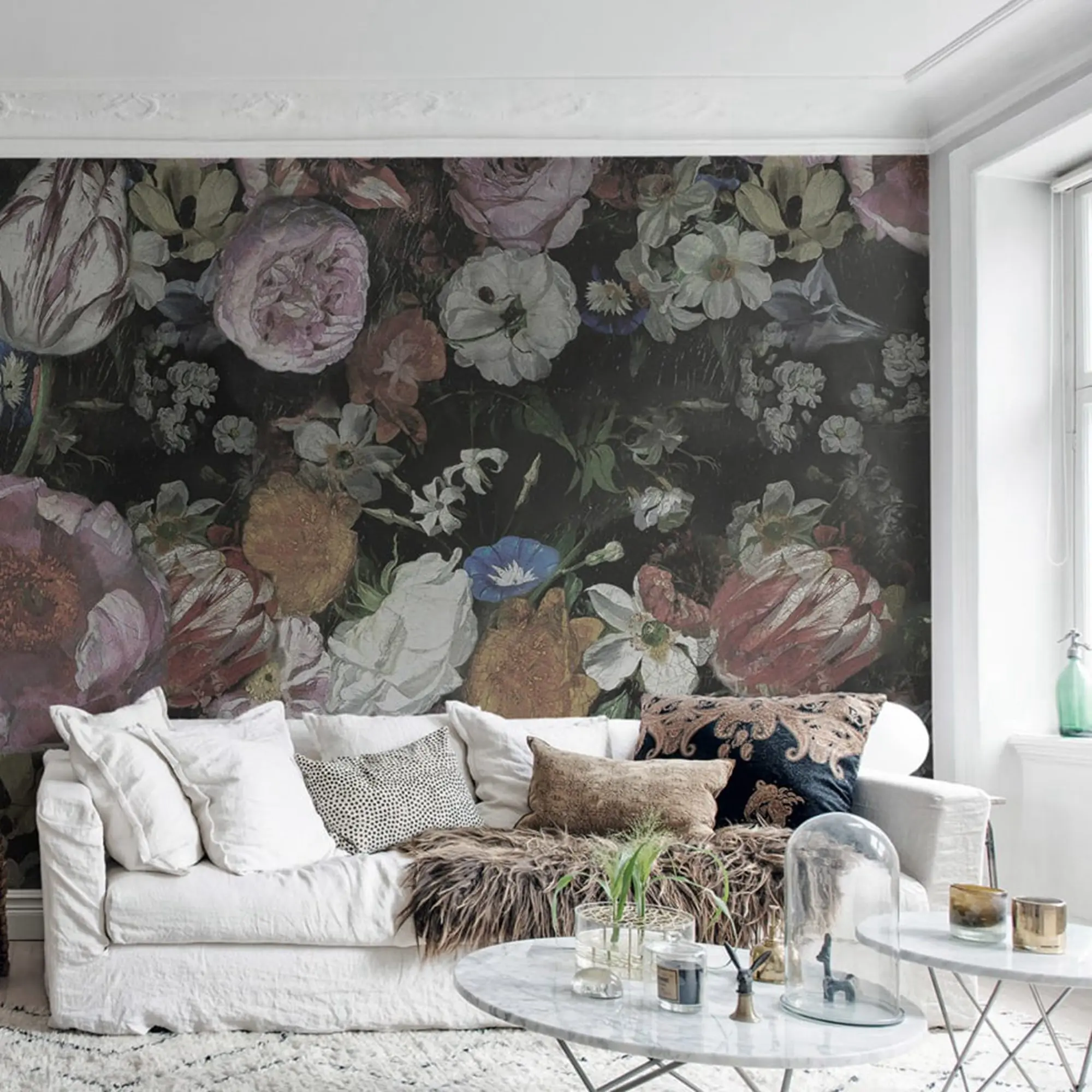 

vintage oilpainting design with blooming flowers in dar back with cracks of canvas beauty muster wallpaper