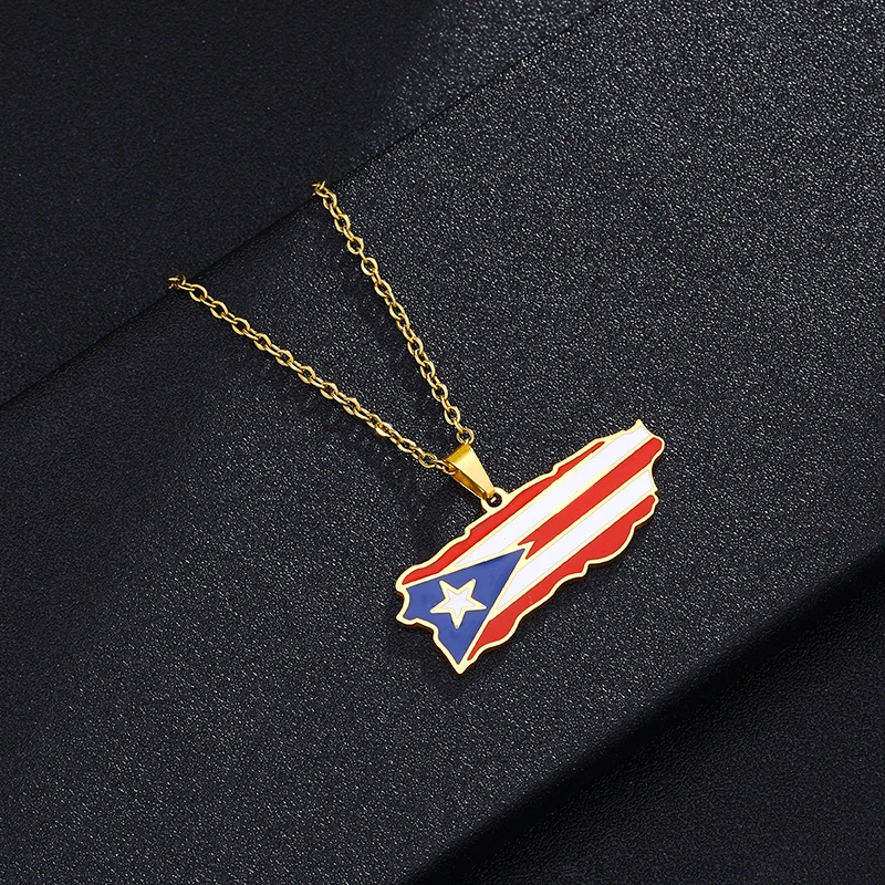 New Puerto Rico Map Flag Pendant Necklaces Stainless Steel Gold/Steel Color Puerto Ricans Patriotic Jewelry For Men Women Gifts