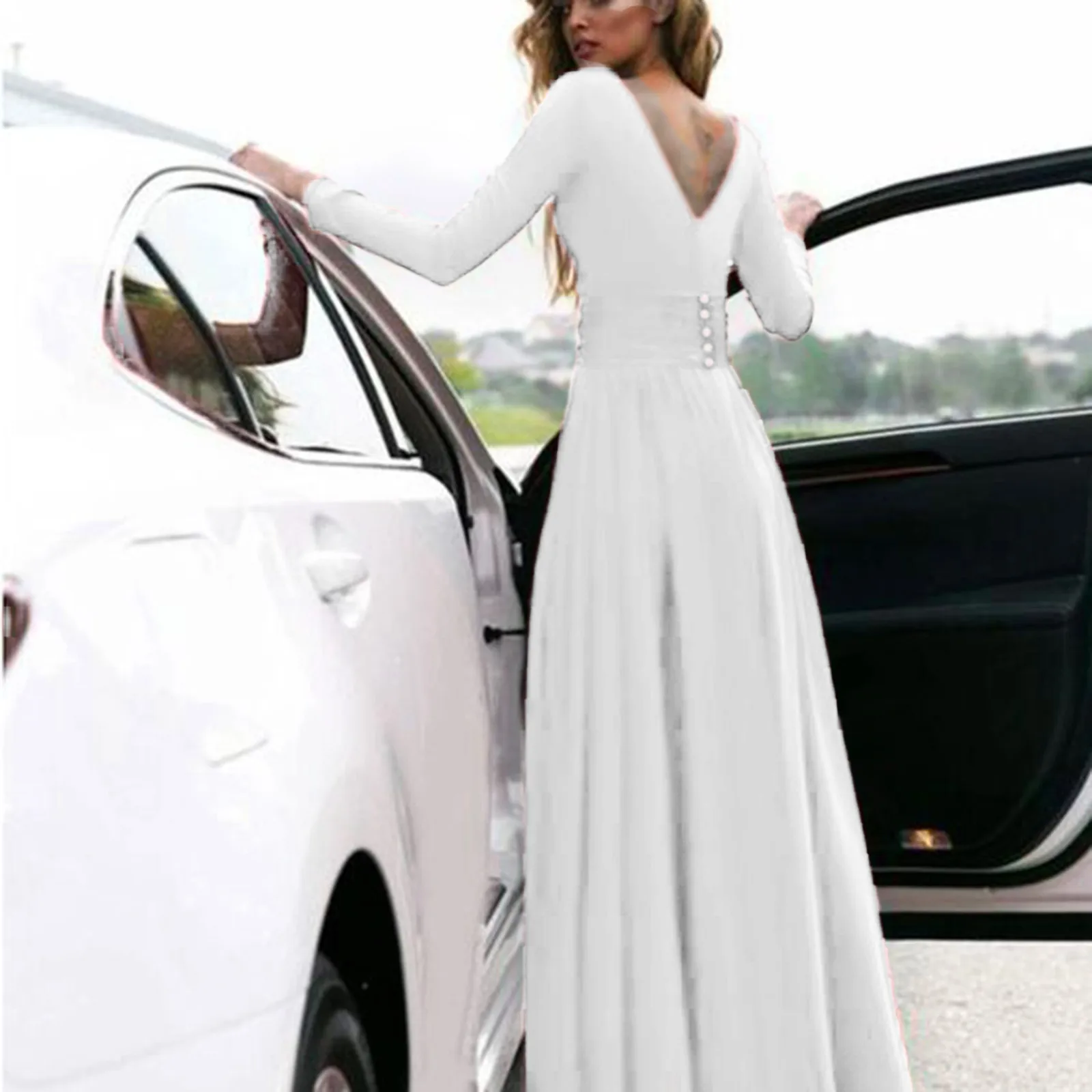 Women Elegant Party Evening Maxi Dress Casual Ladies Off Shoulder V Neck Long Sleeve High Waist Floor Length Split Long Dress