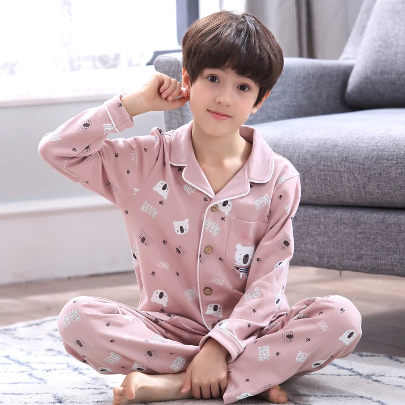 H5652 Boys Pajamas Sleepwear Spring Autumn Korean Lapel Cartoon Long Sleeve Cotton Home Suit Male Lovely Comfortable Nightwear