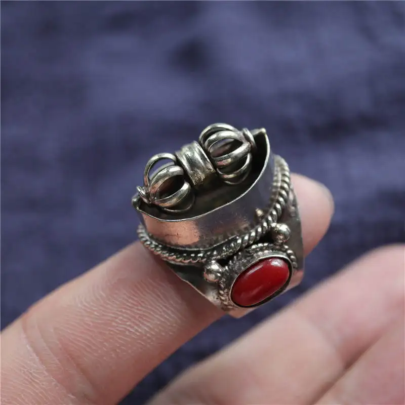 Tibetan Metal Ring for Man Spin Dorje Amulet Copper Inlay Red Lampwork Beads Open Rings Big Size R185