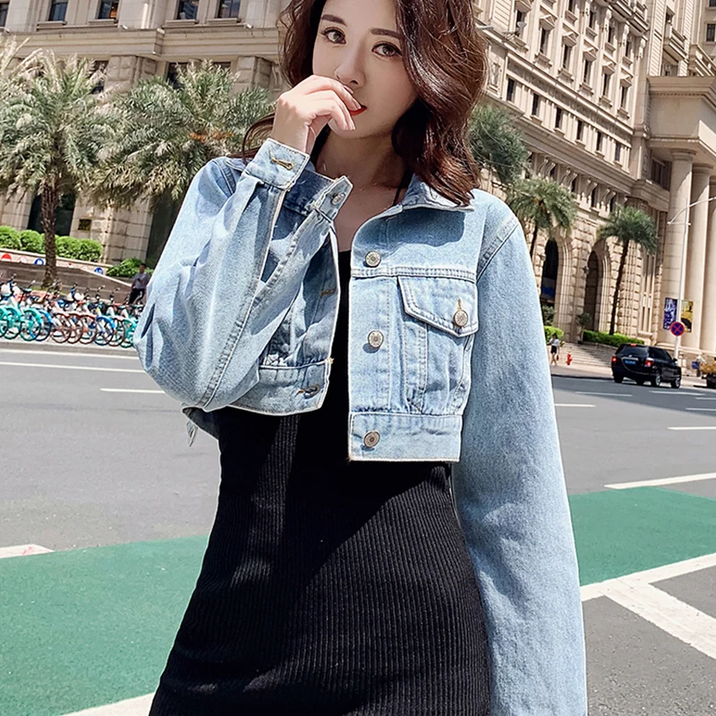 Korean Style Loose Casual Women Denim Jackets Female Slim Cropped Coat 2023 New Spring Fashion Turn Down Collar Ladies Coat