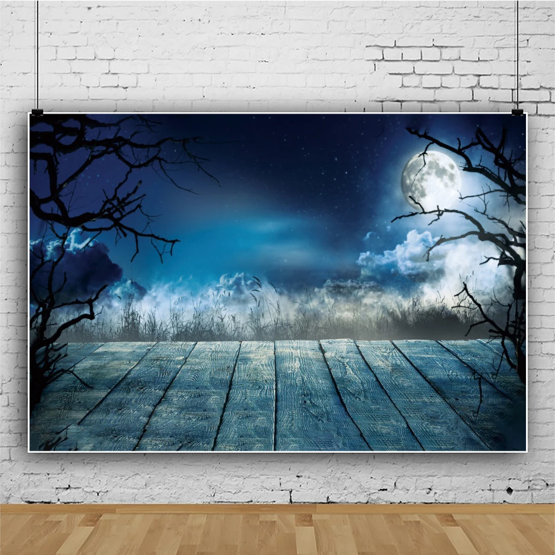 Laeacco Wooden Boards Night Scenic Moon Mist Horrible Halloween Photozone Photo Background Photography Backdrops Photostudio