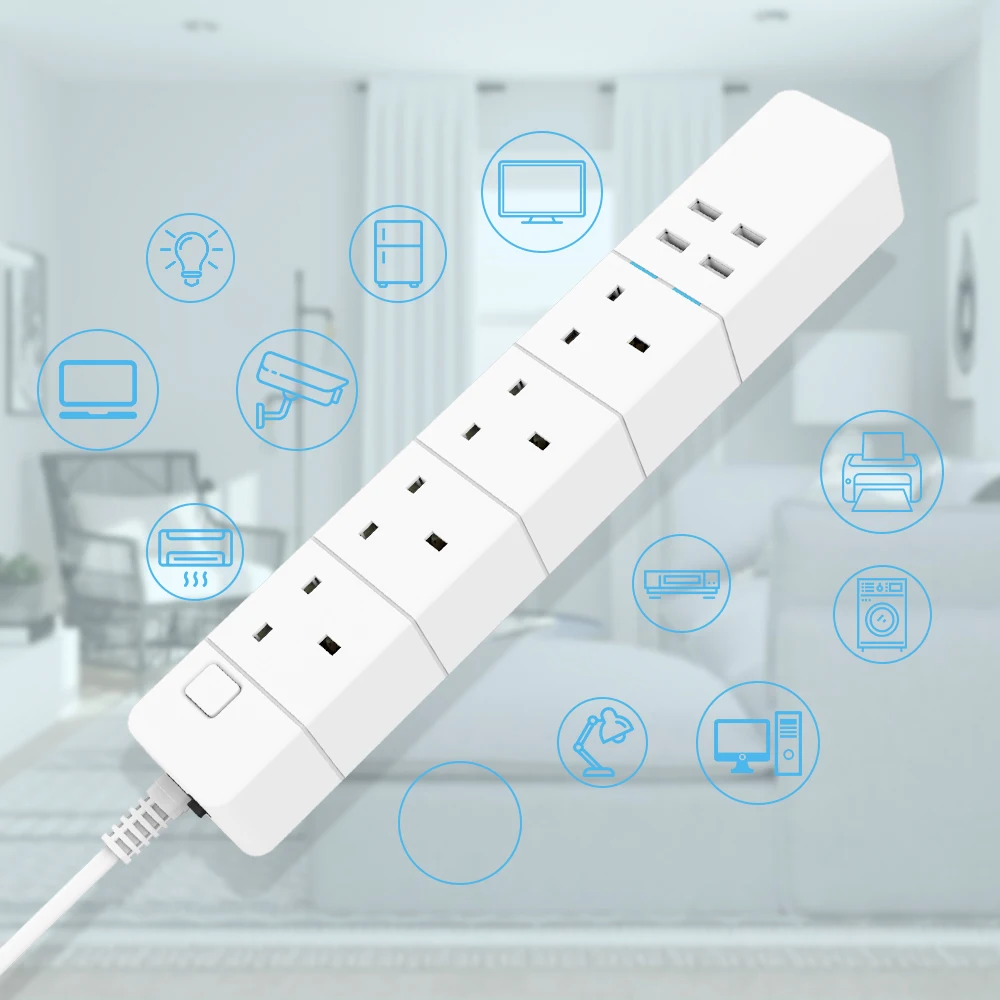 Smart Power Strip UK WiFi współpracuje z Alexa, GoogleHome, Multi Plug 4 gniazda AC i 4 porty USB do ładowania, sterowanie głosem