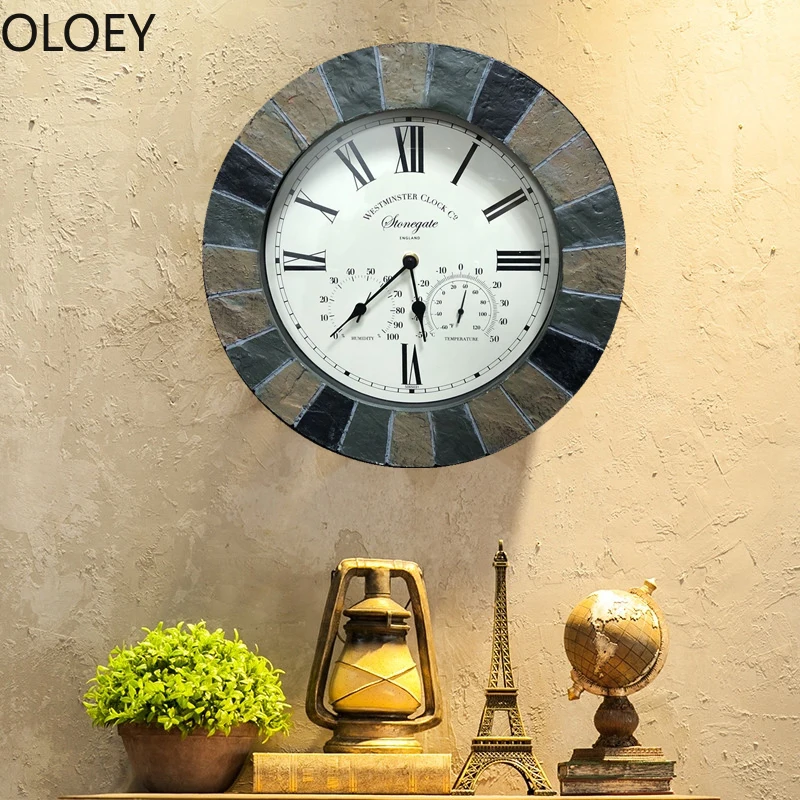 Nordic Large Wall Clock Vintage Multi-function Temperature and Humidity Meter Bathroom Clock Wall Watch Farmhouse Decor Resin