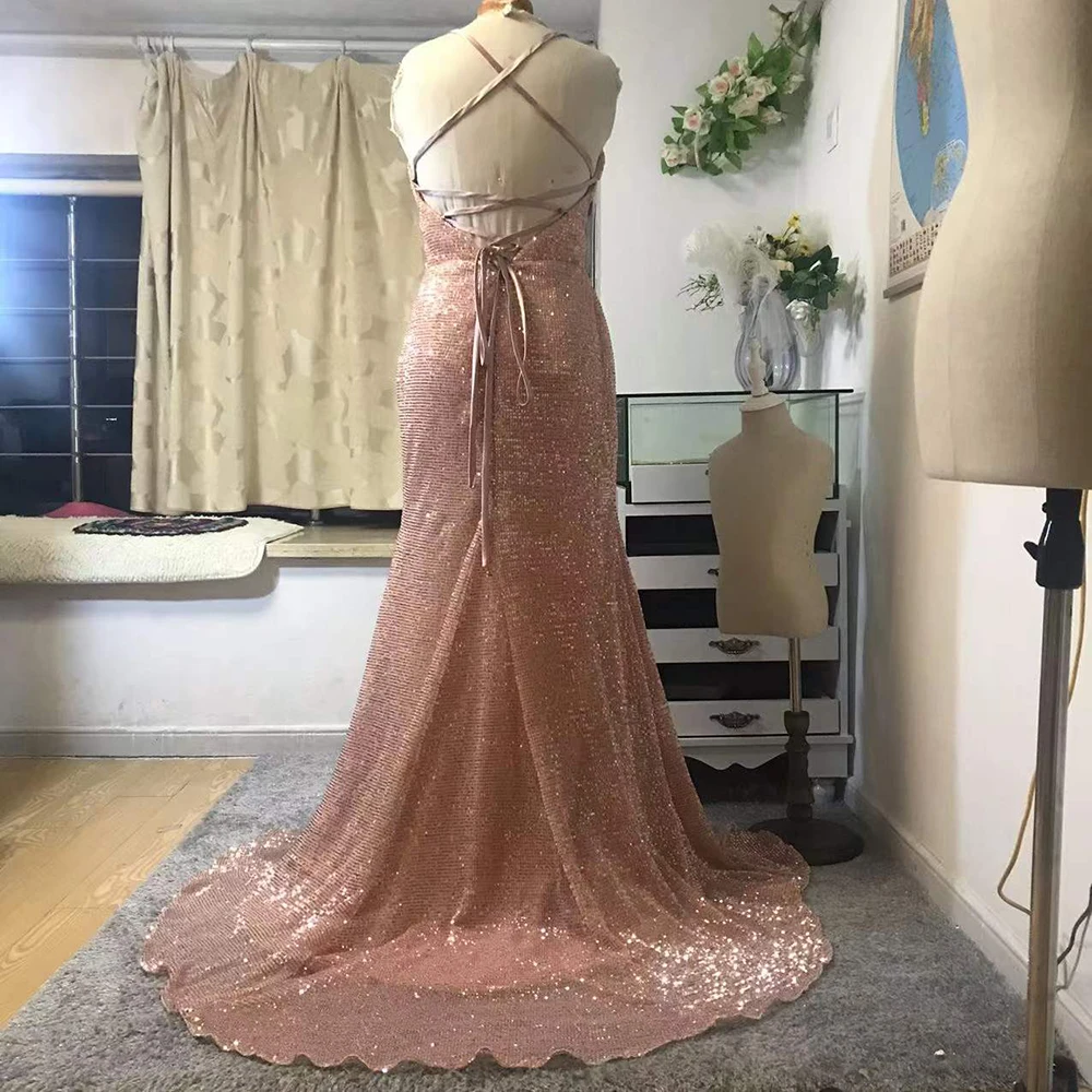 Sexy Rose Gold Mermaid Evening Dresses 2020 Robe Soiree V-Neck Spaghetti Straps Backless Prom Dress Long Formal Evening Gowns