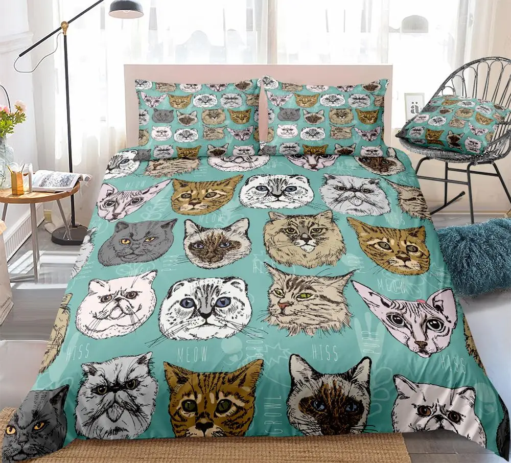 3PCS Cats Duvet Cover Set Cartoon Animal Bedding Set for Kids Boys Girls Blue Quilt Cover Different Cat Heads Dropship King